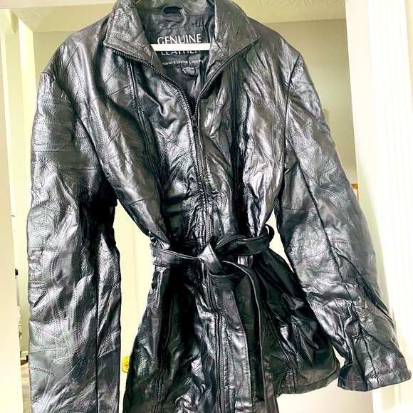 Jackets & Blazers - Vintage Navarre genuine leather patchwork black Belted trench coat women’s LG